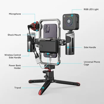 SmallRig All-in-One Video Kit Ultra Aluminum Phone Video Rig Kit W/Quick Release Tripod Wireless Control Handles RGB Light Mic detail image