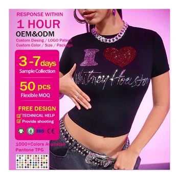 OEM Custom Baby Tee T-Shirt Cropped Ladies Rhinestone Black Cotton Fitted Tee T Shirt Top Hip Hop Women Tshirt Crop Top
