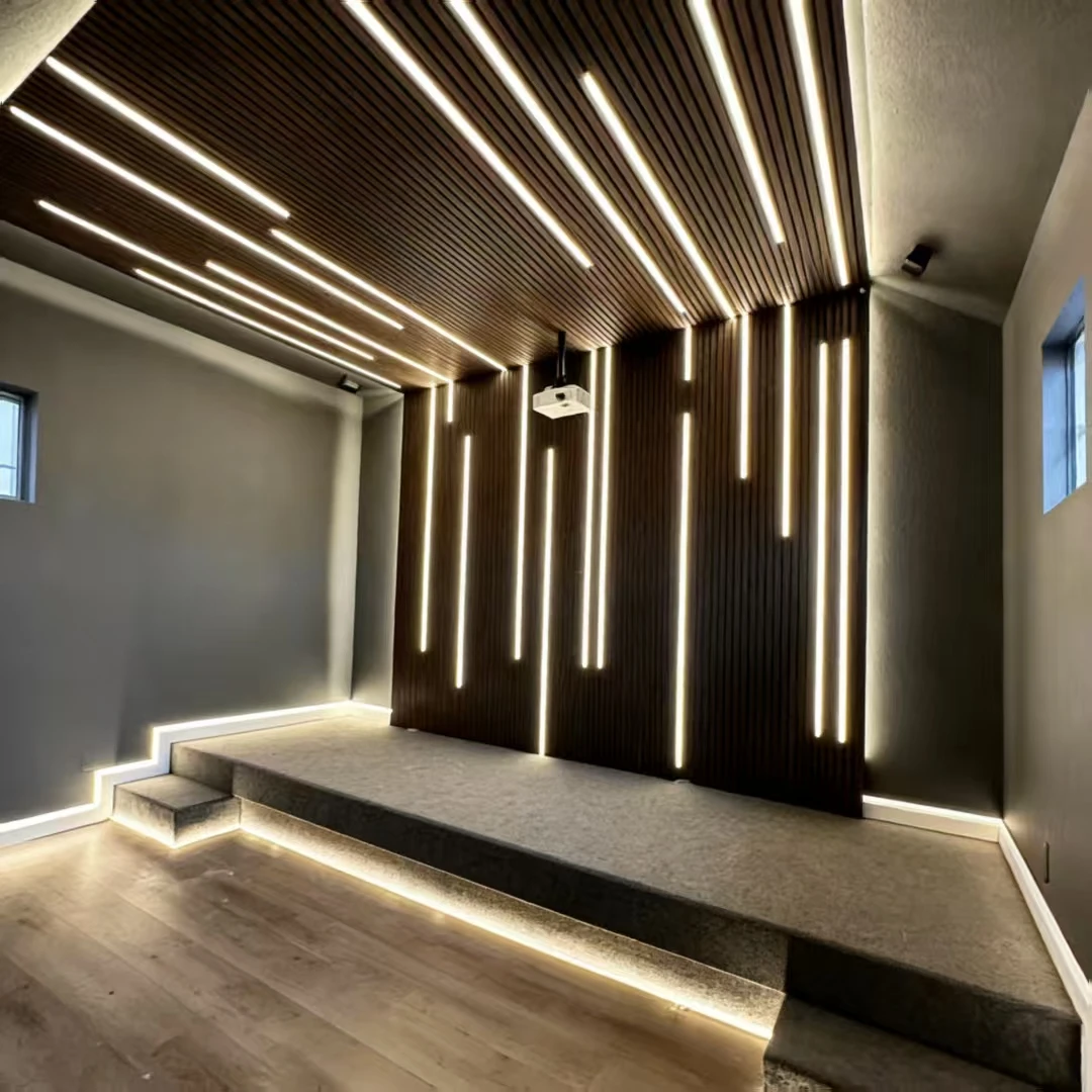 LED Lights Integrated Wood Panel Wall Decor Interior, Felt Acoustic Panels and Slat Wall Panel Design
