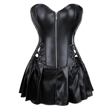 Women's Faux Leather Corset Dress Set Black Red Zipper Front Bustier ...