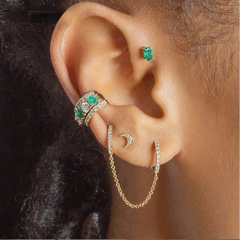 Promotion 2 Hole Double Piercing Mini CZ Circle Hoop with Chain Earring
