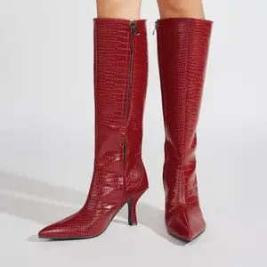 BUSY GIRL CXX179 Boots Women Shoes Women's Drak Red Crocodile - Embossed High - Heeled Knee - High Boots Pointed Toe Side Zipper