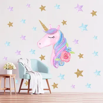 News Colorful Unicorn Wallpapers Dreamlike Heart Stars Wallpaper For Bedroom Home Decor Wall Sticker TV Blackboard Stickers