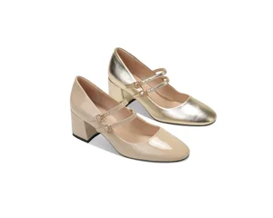 Elegant Classic Double Strap Block Heel Mary Jane Pumps Metallic Gold & Nude Patent PU Comfort Fashion Trend Summer Autumn