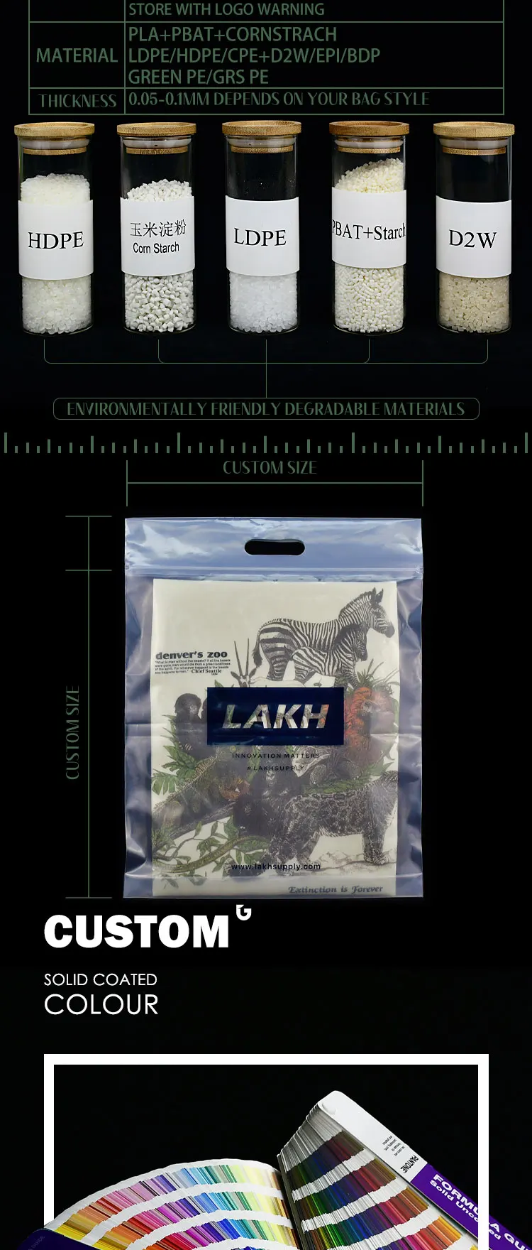 Custom biodegradable transparent bag clear plastic zip lock packaging bags with handles logo warning customized details