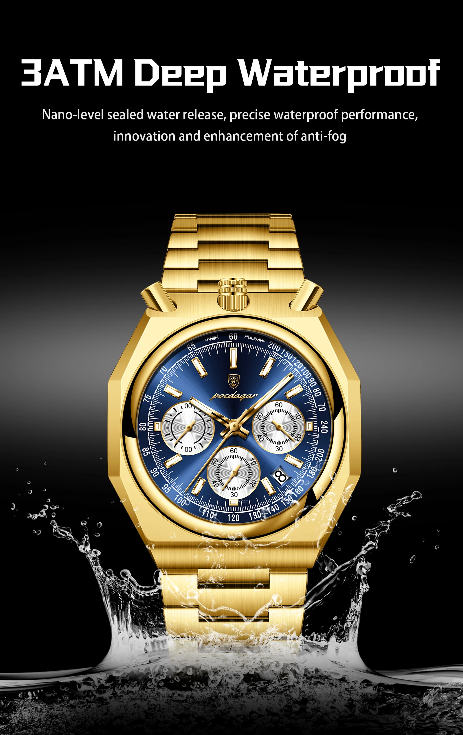 Poedagar 897 Chronograaf Heren Quartz Horloges Lichtgevende Wijzers Drie Ogen Wijzerplaten Mode Multifunctionele Lichtgevende Waterdichte Horloges