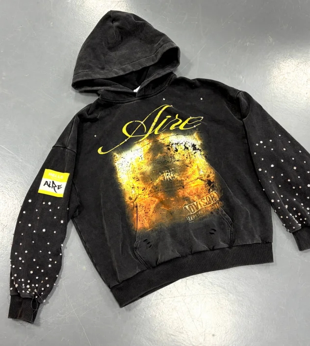SALATI High Quality Custom Winter French Terry Digital Printing Sleeve Rhinestones Oversized Cropped Pullover Black Hoodie gallery 3