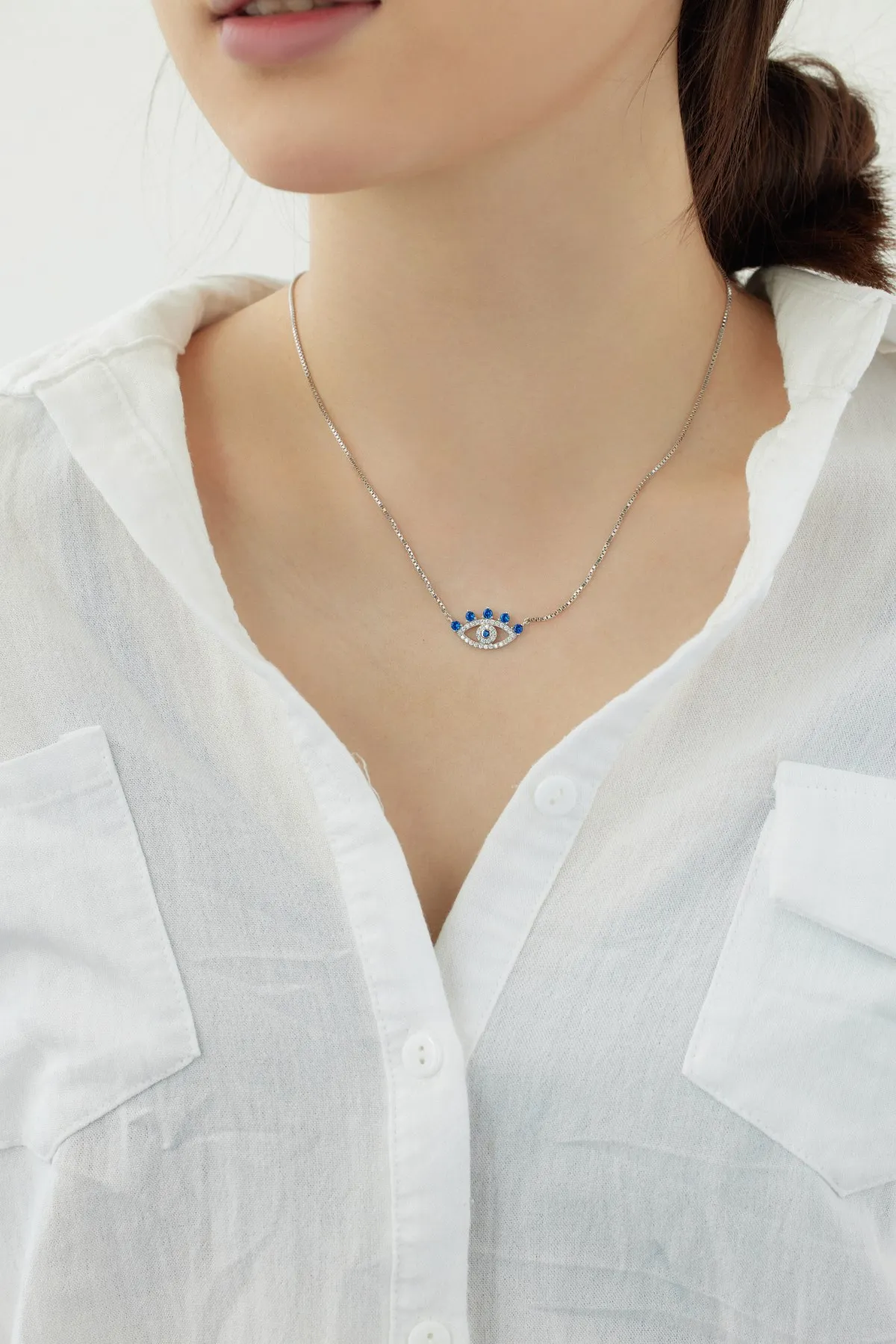 KAKODIY High Quality Cubic Zirconia Necklace 925 Sterling Silver Chain Goog Luck Blue Evil Eyes Pendant Necklace for Women detail 3