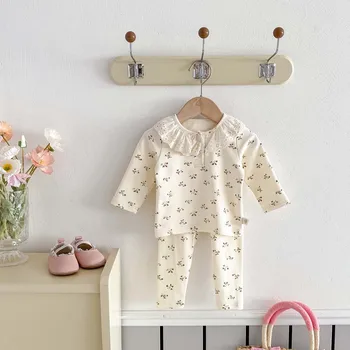 Spring and autumn infant clothes small floral long-sleeved baby suit baby girl lace ruffle collar home clothes two-piece set