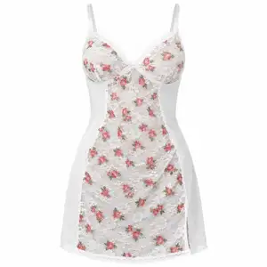 Sexy Elegant Women Microfiber Lace Sleeveless V-neck Floral Babydoll Nightgown Silk Screen Printing Soft Smooth OEM Factory