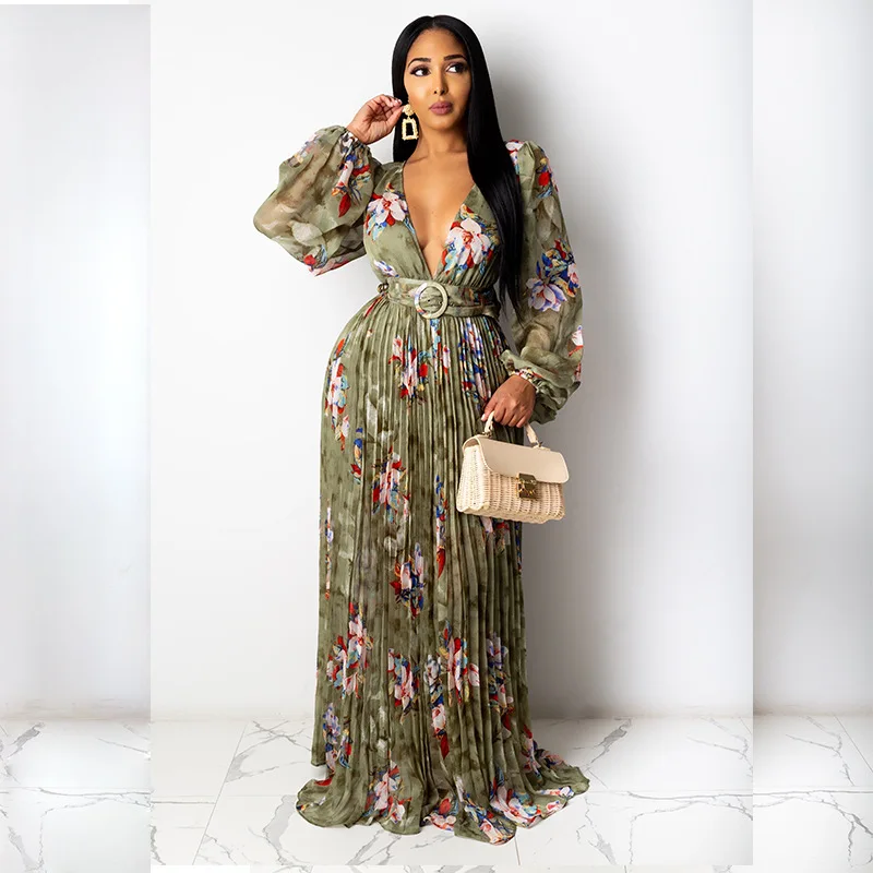 X30822 Latest Design Long Sleeves Pleated Chiffon Dresses Elegant Floral  Print Dress Ladies Summer Dress