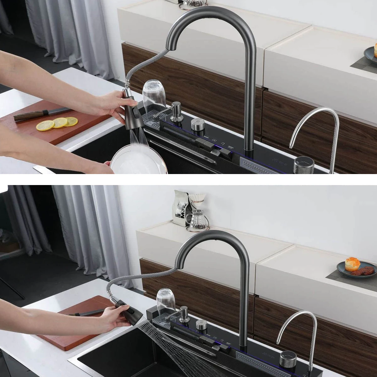 Digital Display Pullout Faucet Smart Kitchen Sink Glass Washer Black