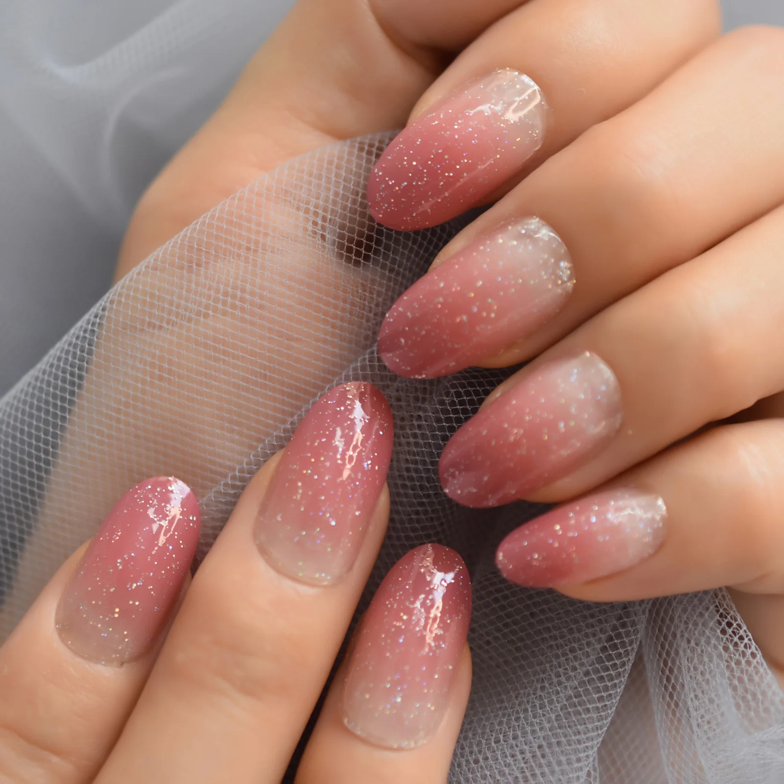 Shiny Glitter Ombre Pink Gradient French Press On Fake Nail Tips Round Medium Length Full Cover Faux Ongles Wearable Fake Nails Buy Press On Nails Press On Nails Oval Press On Nails Short