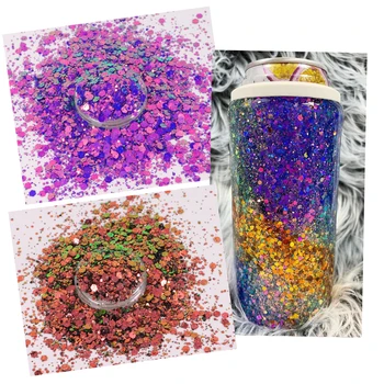 YMJ Bulk 12 Colors Nail Tumbler Glitter Christmas Decoration Polyester Hexagon Mix Size Color Shifting Glitter 100g/bag