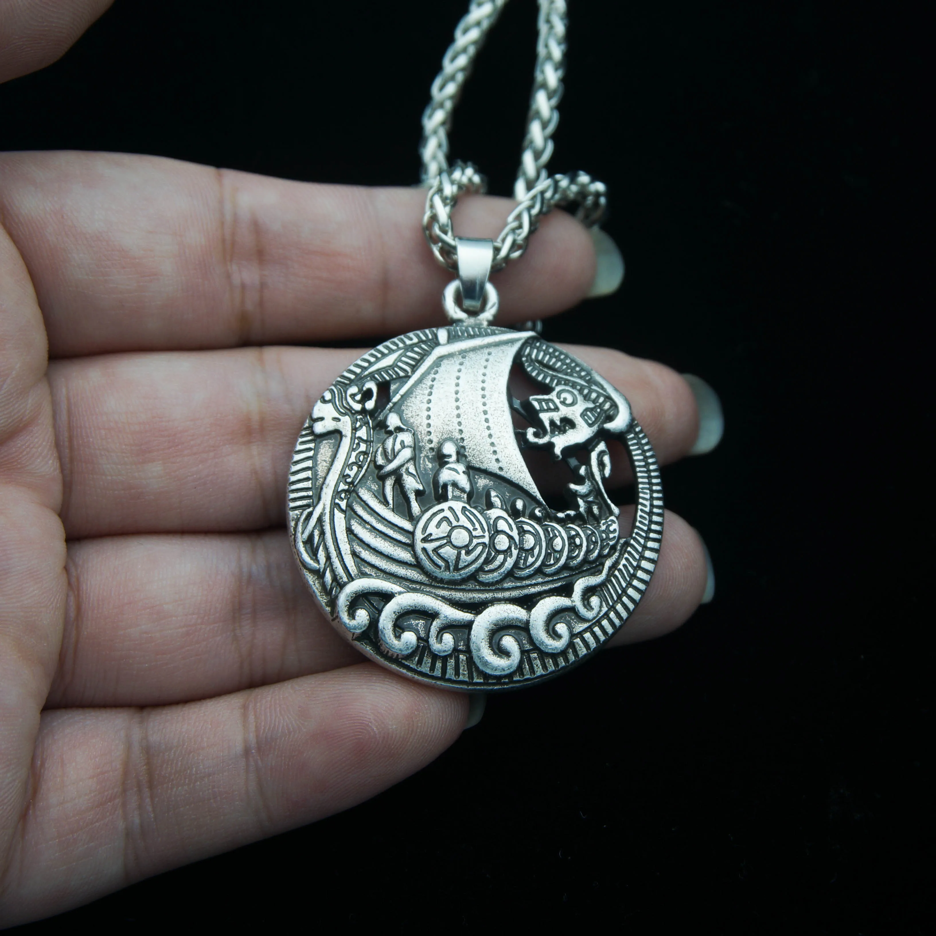 Custom Vintage Viking Pirates Dragon Boat Pendant Necklace