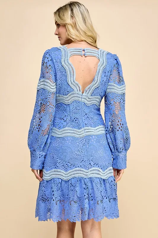 Elegant Ladies Dress With V-neck Lace Solid Pattern And Puff Sleeves Sweet Style Natural Waistline For Parties - Image 4