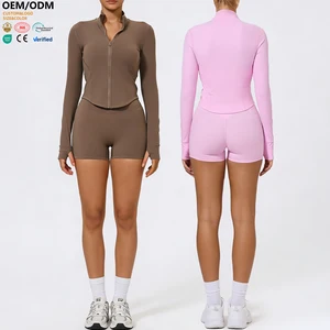 XW-XTTZ420-2 Wholesale Slimming Stand Collar Jacket Custom Solid Breathable Fitness Gym Clothing Women 2 Piece Yoga Wear Set
