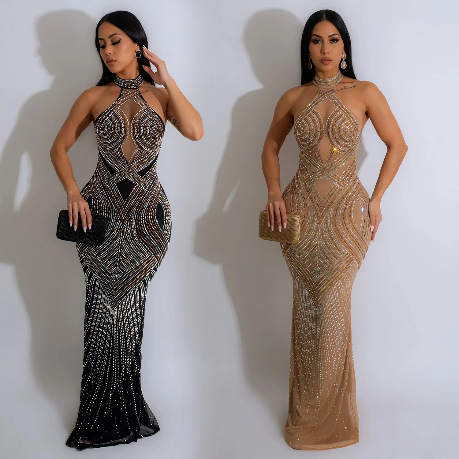 Beach Abiti Mare Shein BR4248 Fashion Women's Solid Color Mesh Rhinestone Long  Dress