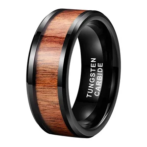 Coolstyle Jewelry 8mm Black Tungsten Ring for Men Women Engagement Wedding Band Koa Wood Inlay Beveled Edges Comfort Fit