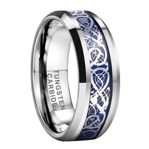 Coolstyle Jewelry 8mm Blue Carbon Fiber Dragon Inlay Beveled Tungsten Ring for Men Women Engagement Wedding Band Comfort Fit
