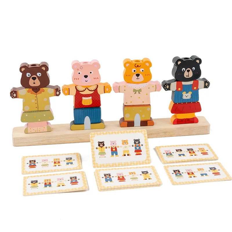 Wooden Early Education Color Cognition Bear Stacking Column Toys Clothes Changing Game Montessori Educational Toys