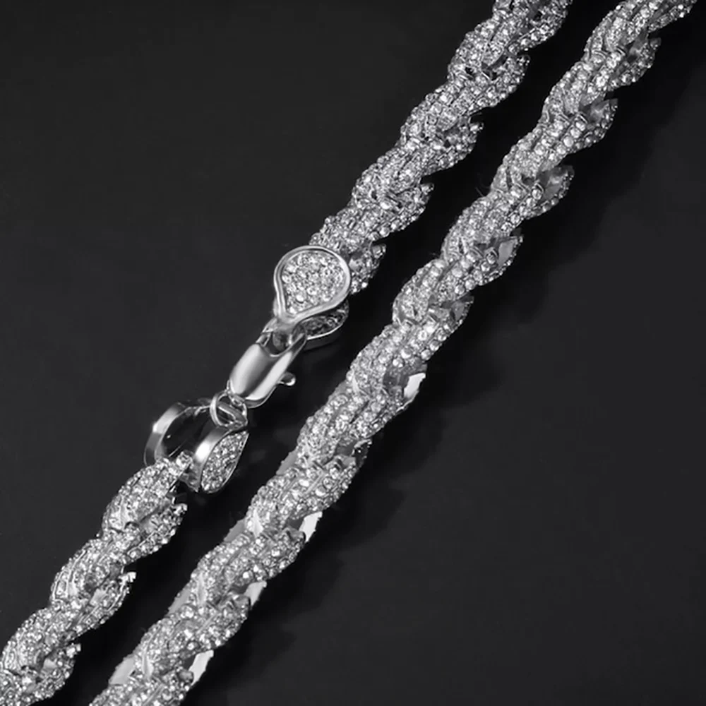 Collar de cadena de cuerda trenzada plata 925 con diamantes_voghion.com
