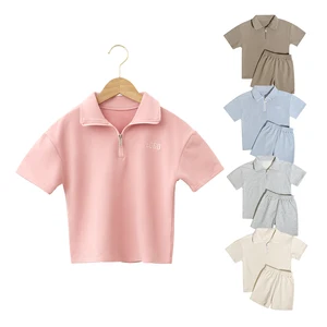 Good Quality Summer Children Casual Clothing 2 Pieces Organic Cotton and Spandex Cropped Zip up Hoodie Toddler Sweatsuit Sets