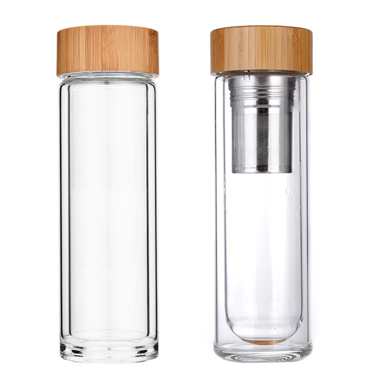 500ml Eco Friendly Drinking Glass Bottle Inside Filter Bamboo Lids