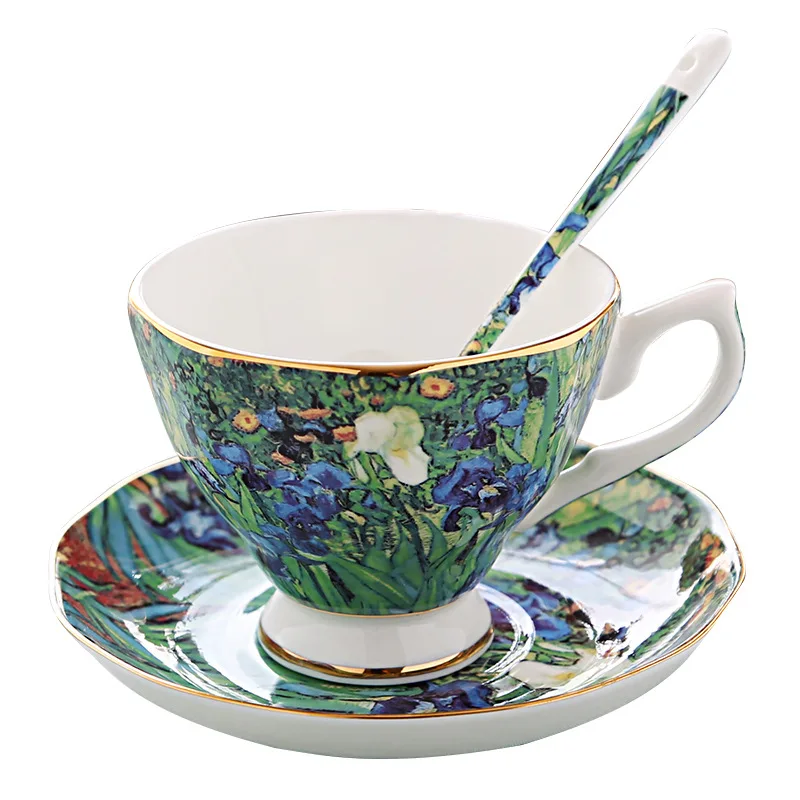 220 250ml Custom Fine Bone China Hand Painted Art Painting Coffee Mug Set Garden Party Ceramic Tea Cup With Saucer Van Gogh Cups