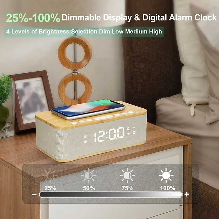 FANSBE Multifunction Dual Clock Radio Bluetooth Wireless Charger Alarm Clock Speaker for Mobile Phone