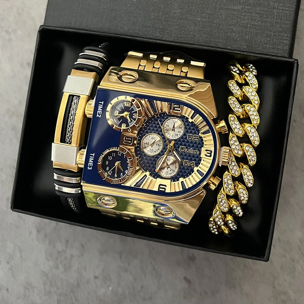 Oulm Multi Time Zone Large Dial Fashion Wristwatch Luminous Mens Watches Luxury Stainless Steel Bracelet Men Quartz Watch Set