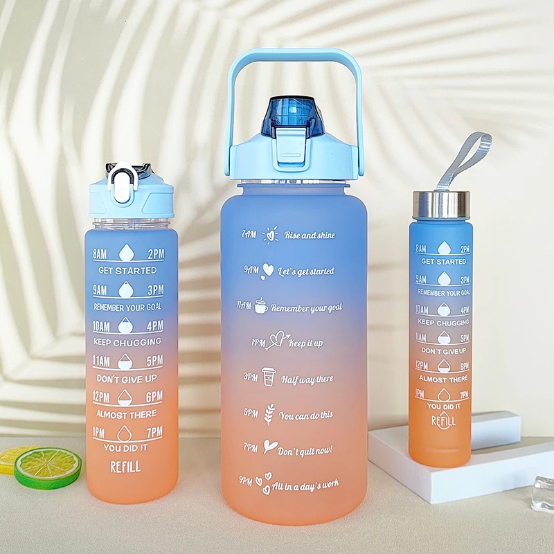 2L Half Gallon Plastic Sport Water Bottle Set Frosted Motivational ...