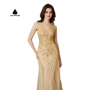 Customize Luxurious Gold Fashionable Elegant Slim Maxi Night Club Dress Women's Sequined Mesh Evening Gown Party Dress