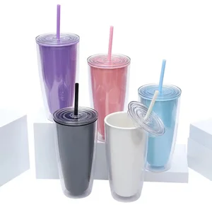 D58 Plastic Cups with Lids and Straws Double Plastic Sippy Cup 750ml Large Capacity Household Drinking Cup