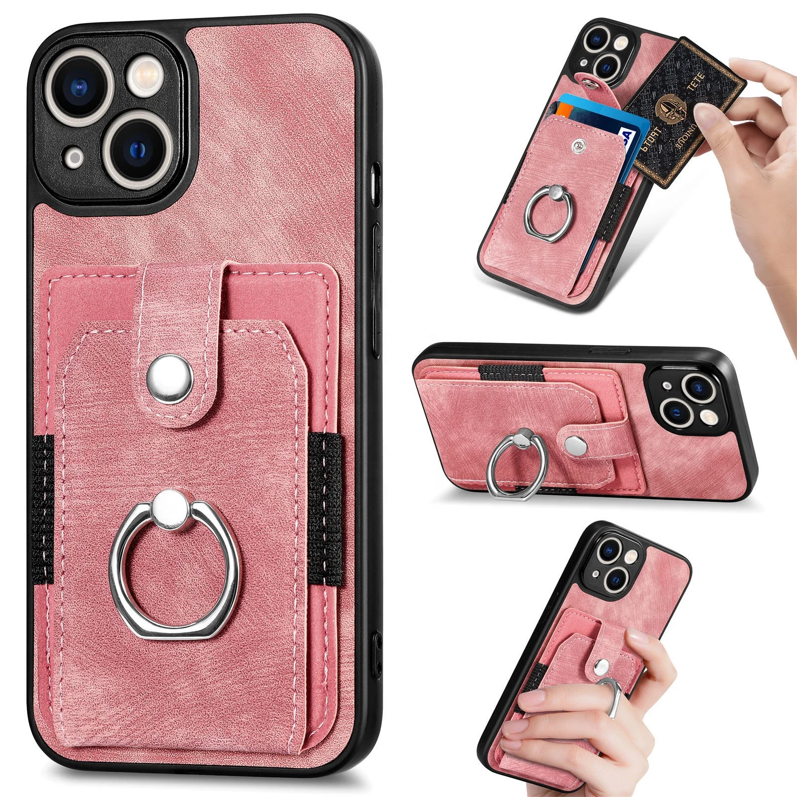 Credit Card Holder Phone Case For Iphone 16 15 14 13 12 11 Plus Pro Max Full Rotation Ring Kickstand Protective Leather Cover