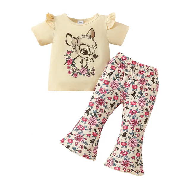 2024 New style baby girl summer short-sleeved printed deer flower top and flared trousers set