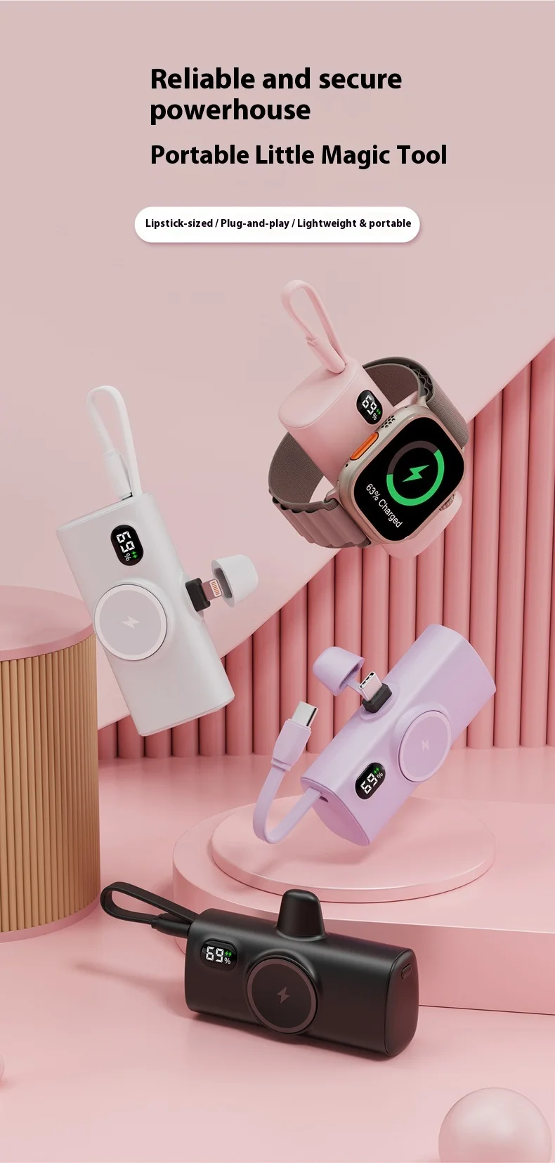 最新的手表无线充电器应急电源组,带手表充电器5000毫安时,带电缆钥匙扣迷你袖珍电源组