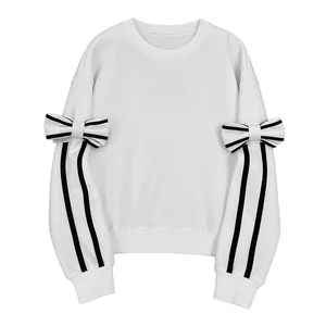 Bow Long-sleeved Hoodie for Women 2025 Autumn New Style Loose and Casual Striped Base Pullover Round Neck Top