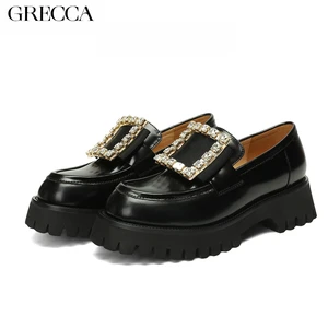 Factory Wholesale of High-quality Genuine Leather Women's Thick-soled Soft-style British-style Shoes, Black Thick-soled Shoes