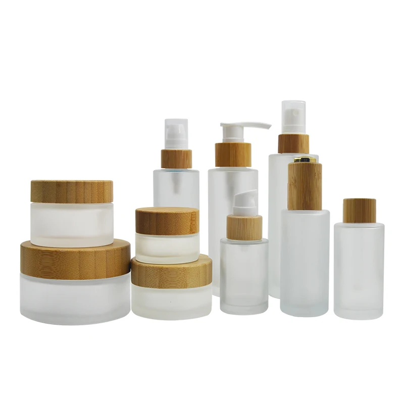Bamboo Cosmetic Packages 50g 100g Glass Cream Jar 100ml 120ml Frosted Pump Serum