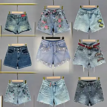 2024Custom Summer Denim Shorts Sequin Decoration Ladies Fashion Ripped Shorts Women Denim Jeans Shorts