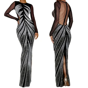 High Quality Vintage Diamond Patterned Floor-Length Long Sleeved Black Semi-Transparent Women's Dress for Party