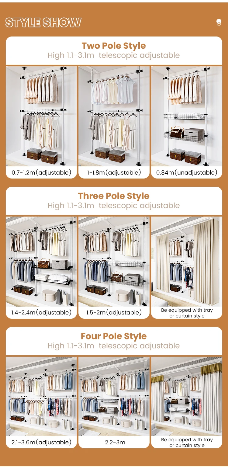 Wholesale Modern No Drill Telescopic Wardrobe Pole Adjustable Tension