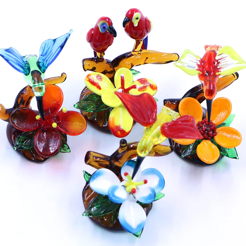 Flat Glass Hand Blown Bird Flower Plant Hummingbird Ornament For Decoration