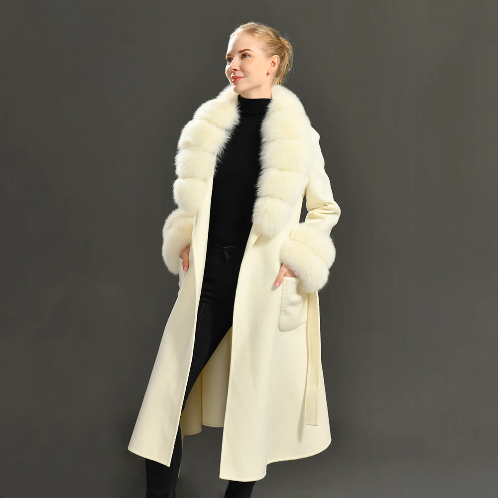 Custom Winter Pink Long Coat Wool Women Big Fox Fur Collar and Cuff Wool  Cashmere Women Coat