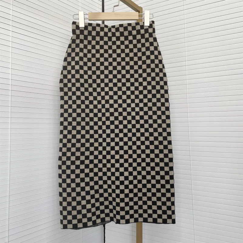 Women's Midi-length Fitness Autumn and Winter Plaid knitted skirt Knitwear High Stretch Girls Skirts