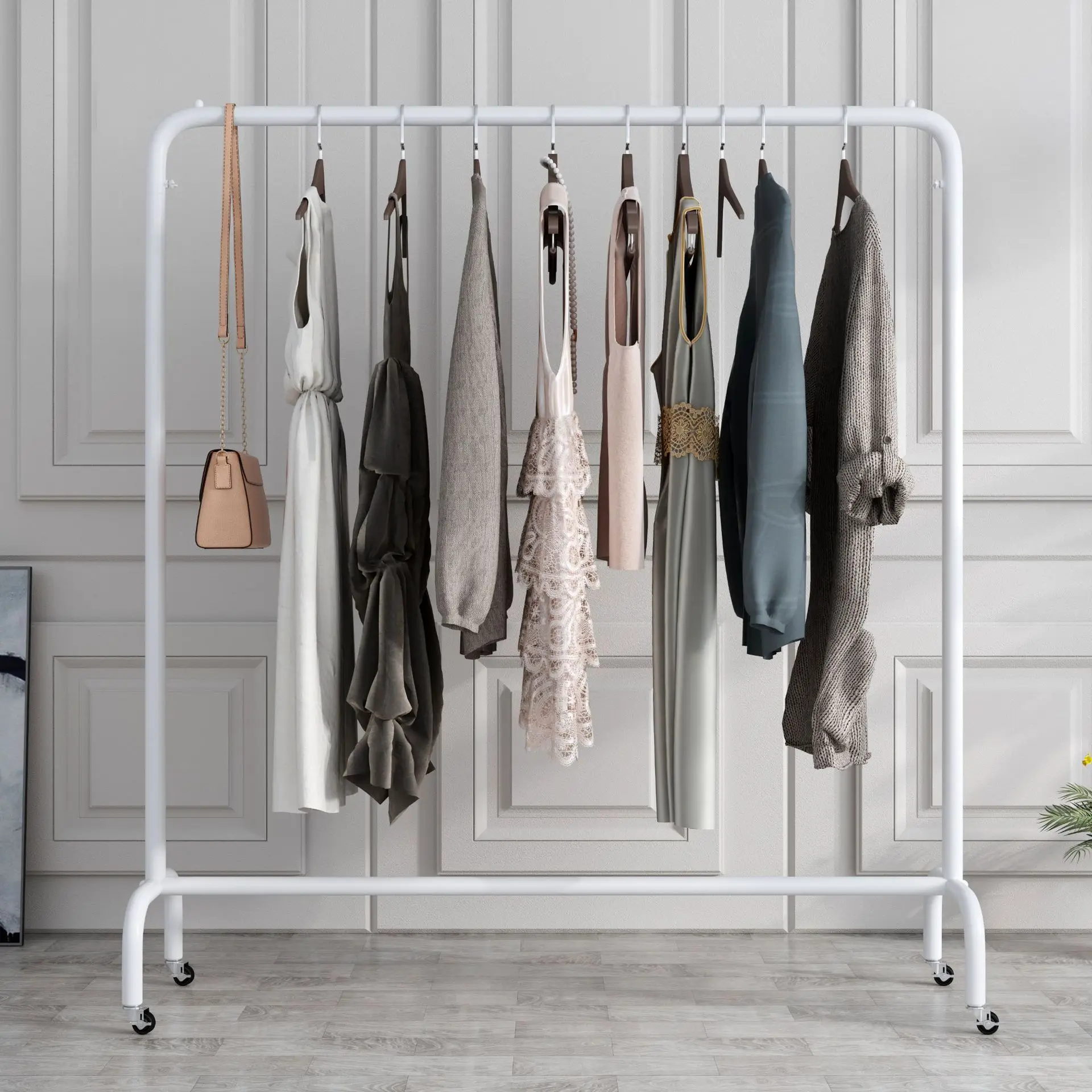 Modern Metal Clothes Display Racks With Wheels Gold Movable Garment