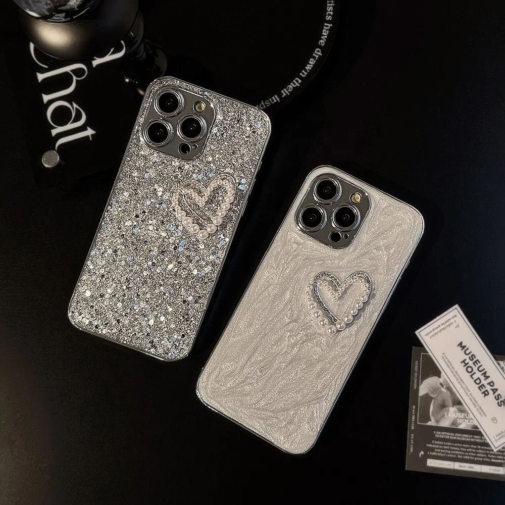 Laudtec Heart Glitter Cubic Pearls Case for iPhone 16 15 14 13 12pro max with Delicate texture scratch resistant wear-resistant