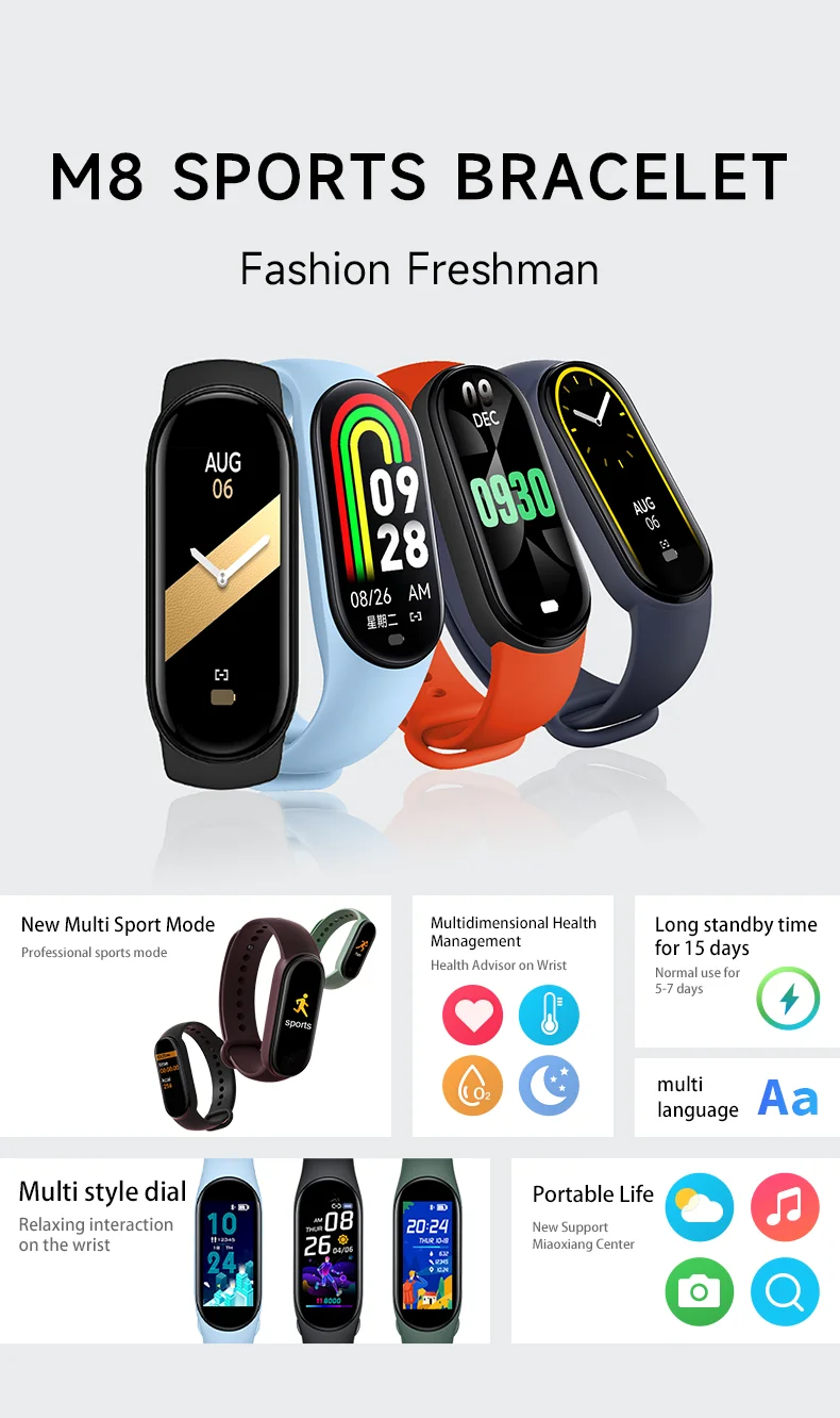 2023 Popular M8 Tracker Blood Pressure Smart Bracelet Odm/oem Ip67
