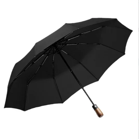 2023 New Arrival Full Automatic Strong Windproof Wooden Handle Navy Blue Pocket Umbrella With 210 Twill Pongee Fabric